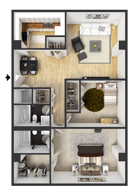 Floor plan for 2 beds, 2 baths, 1033 sqft